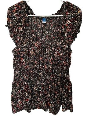 🟢 3/$30 Old Navy Black Floral Smocked Peplum Blouse size Large Tall
